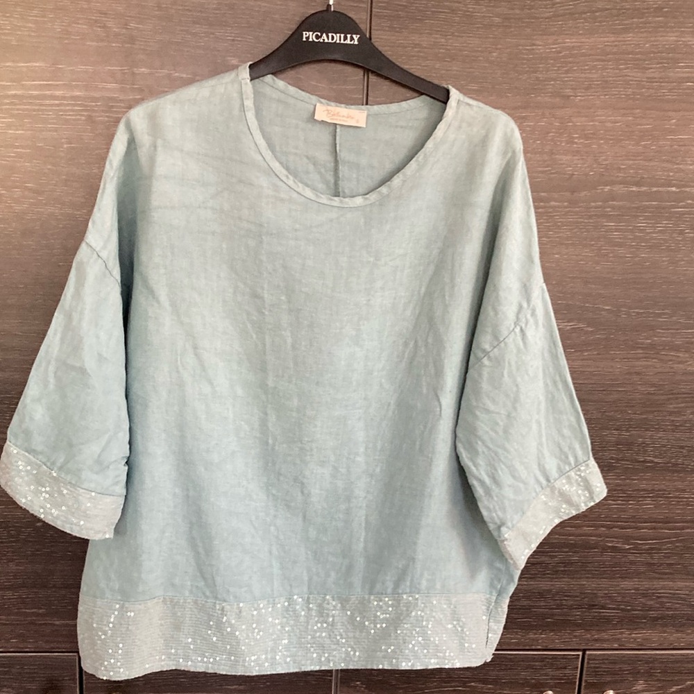 Like New Bellaurbia Mineral Blue Linen Oversize Top small to large